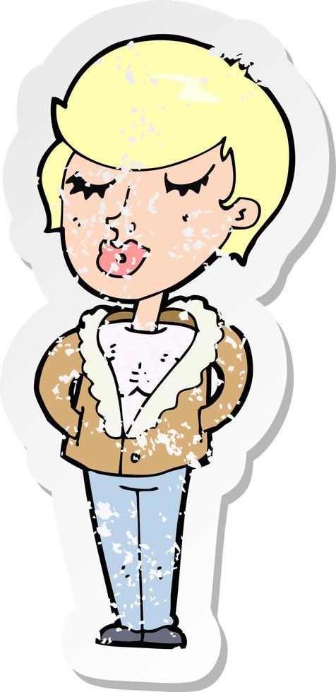 retro distressed sticker of a cartoon cool relaxed woman vector