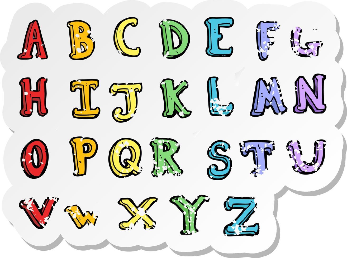 retro distressed sticker of a cartoon alphabet vector