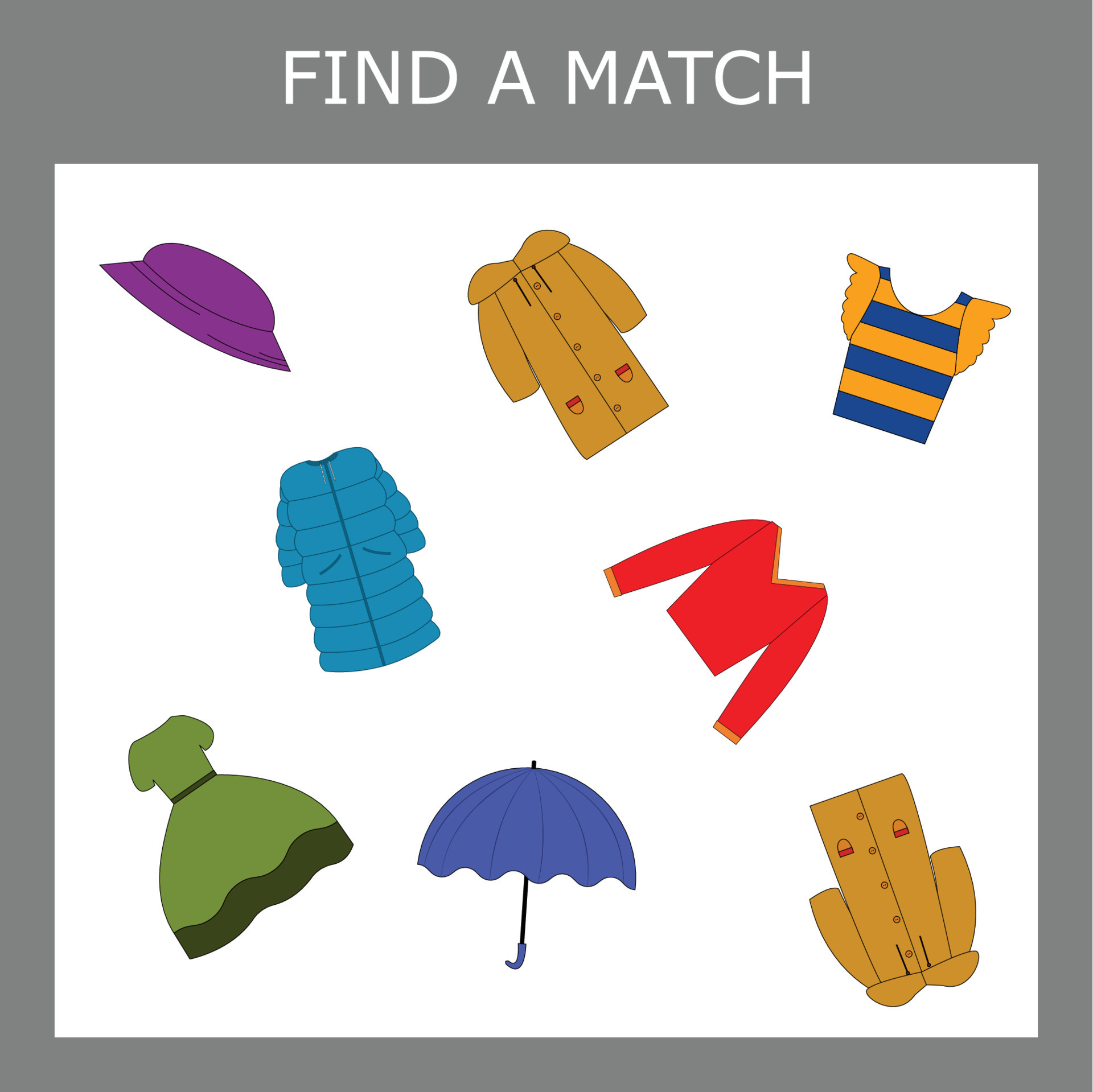 Find a pair or match game with colorful clothes. Worksheet for