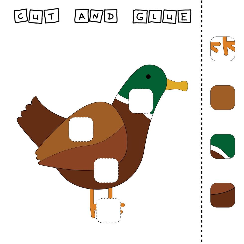 Cut out and glue. Educational game for children. Vector template with duck