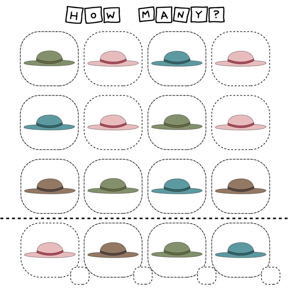 How many counting game with colorful  hat. Worksheet for preschool kids, kids activity sheet, printable worksheet vector