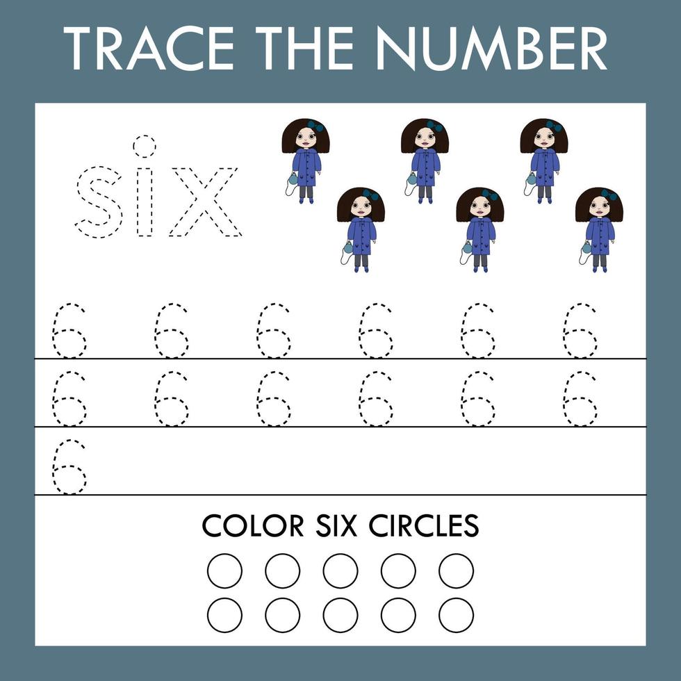 A game of tracing the outlines of the number six with  dolls. Preschool worksheet, kids activity sheet, printable worksheet vector