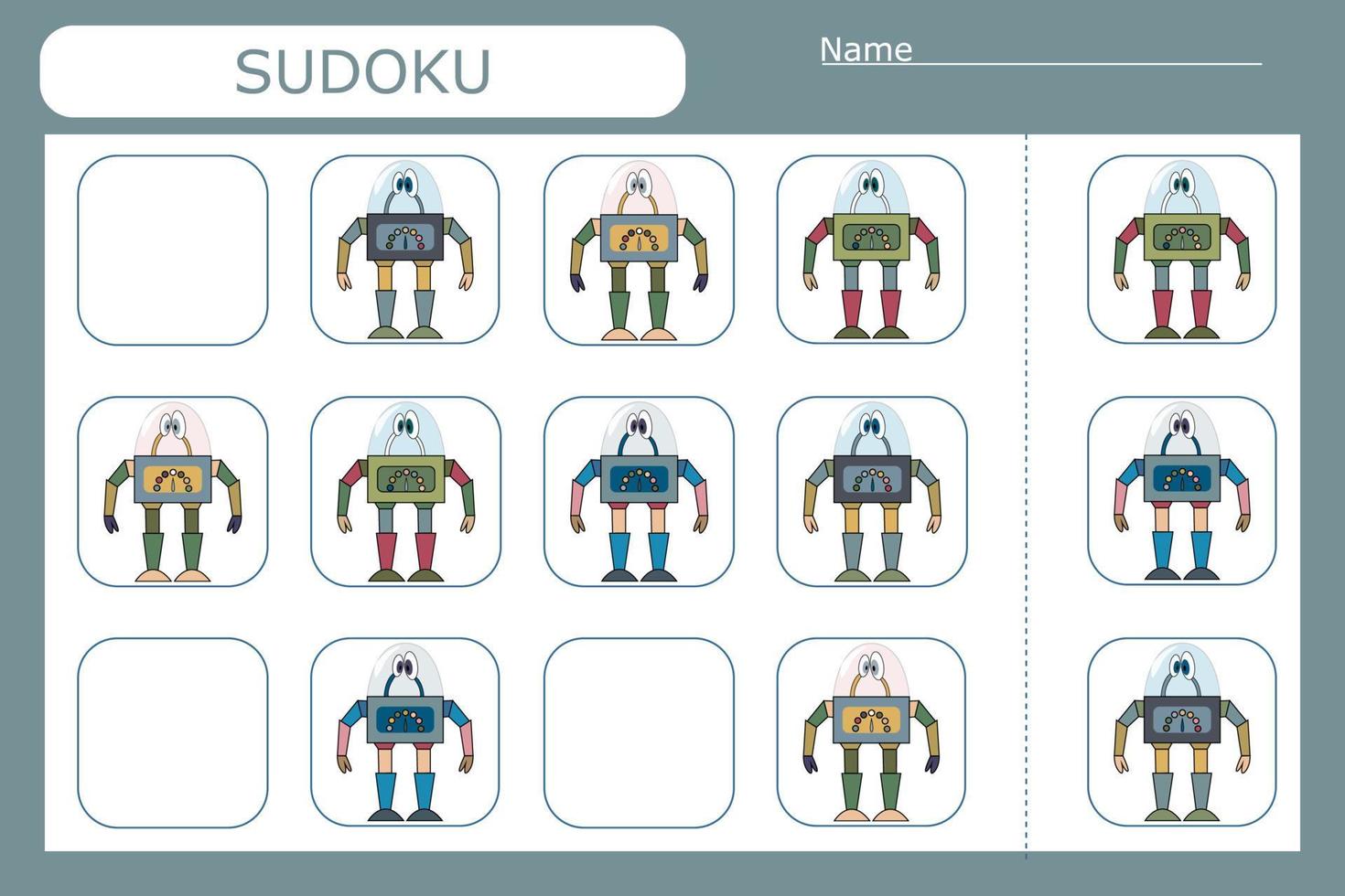 Sudoku game for children with  colorful robots. Kids activity sheet . vector