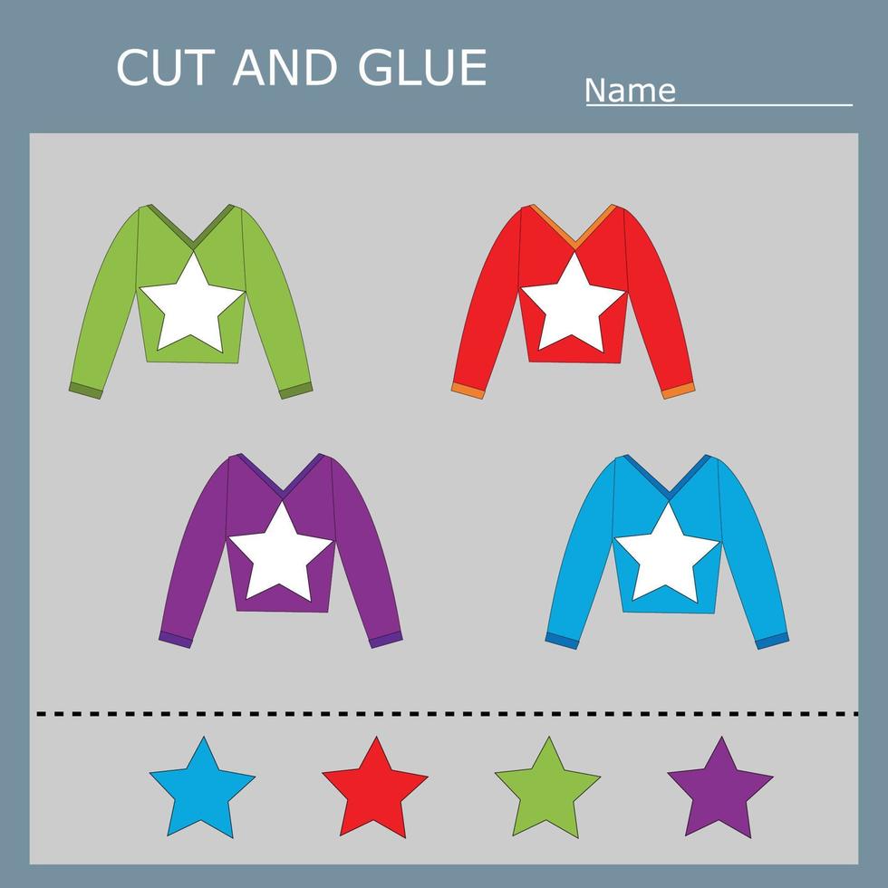 worksheet vector design, the task is to cut and glue a piece on   colorful longsleeves.  Logic game for children.