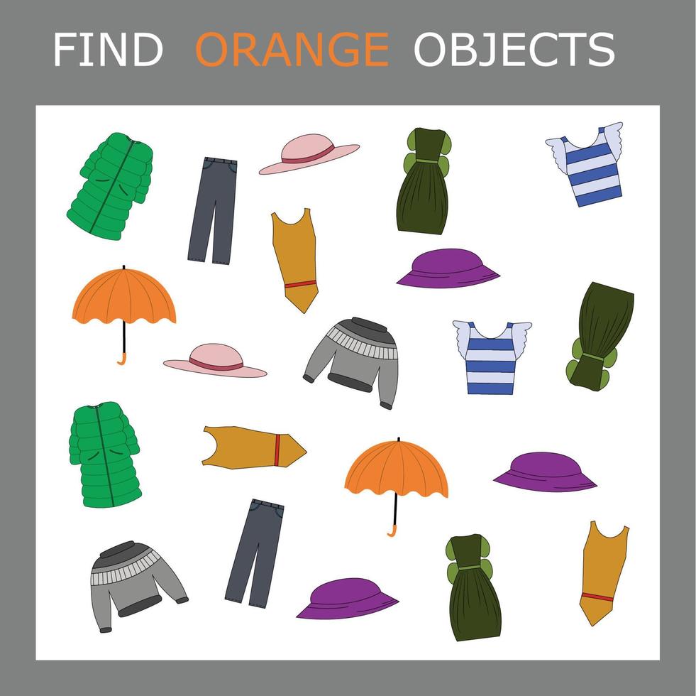 Find the orange clothes character among others. Looking for orange. Logic game for children. vector