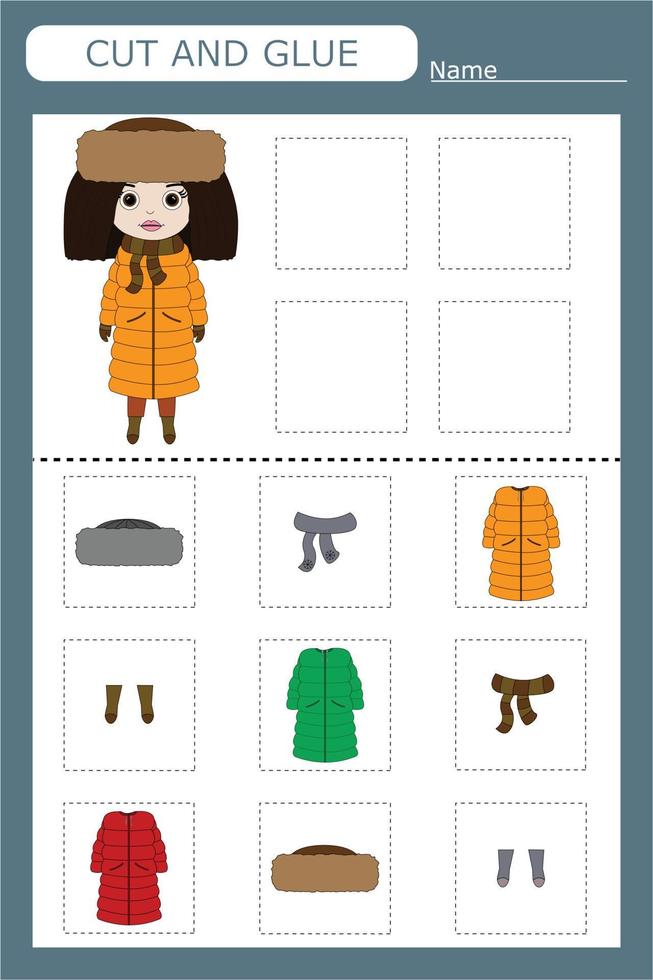 juego educativo para un niño elige la ropa que lleva la niña entre todas las opciones, corta y pega vector