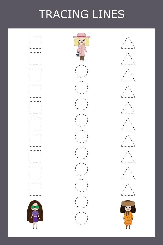 Trace line worksheet with little girls, dolls for kids, practicing fine motor skills.  Educational game for preschool children. vector