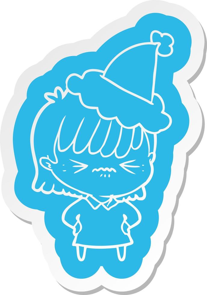 annoyed cartoon  sticker of a girl wearing santa hat vector