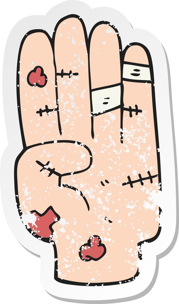 retro distressed sticker of a cartoon injured hand vector