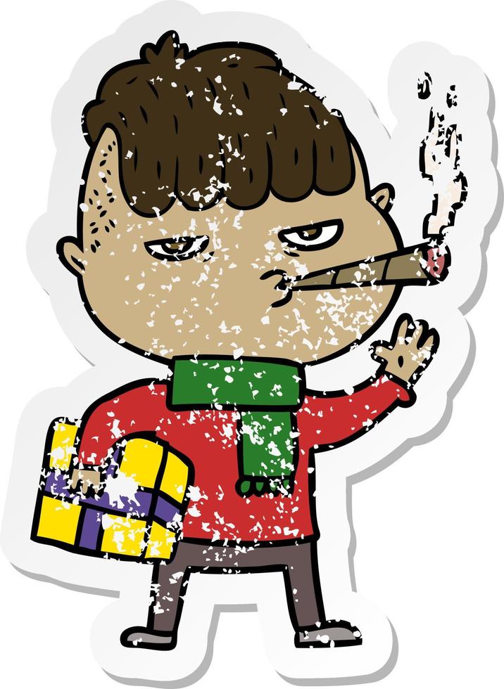 distressed sticker of a cartoon man smoking carrying christmas gift vector