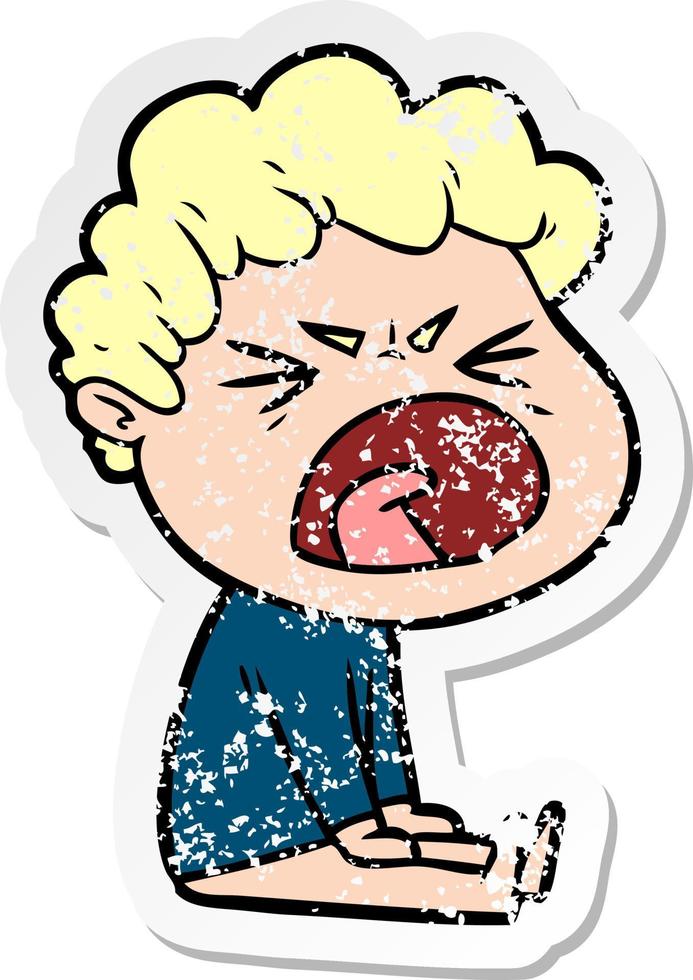 distressed sticker of a cartoon furious man vector