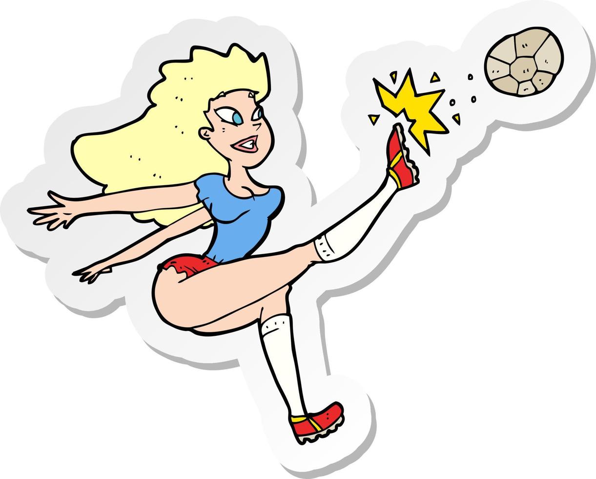 sticker of a cartoon female soccer player kicking ball vector