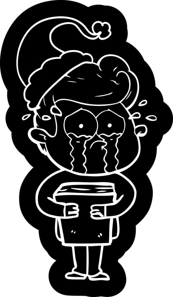 cartoon icon of a crying man holding book wearing santa hat vector