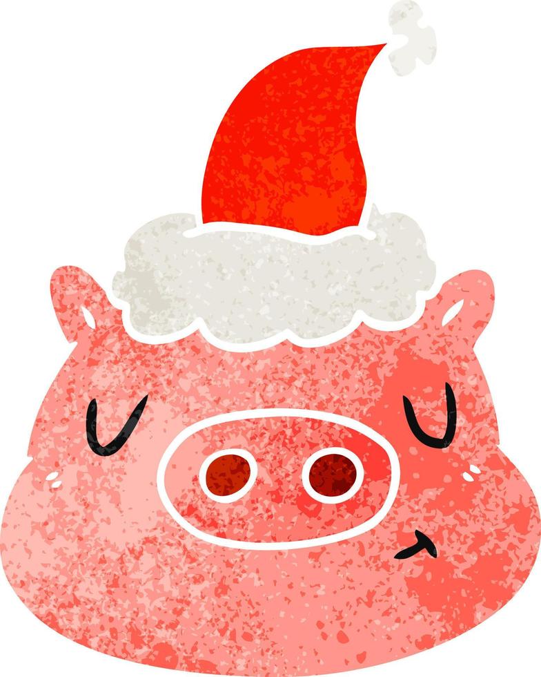 retro cartoon of a pig face wearing santa hat vector