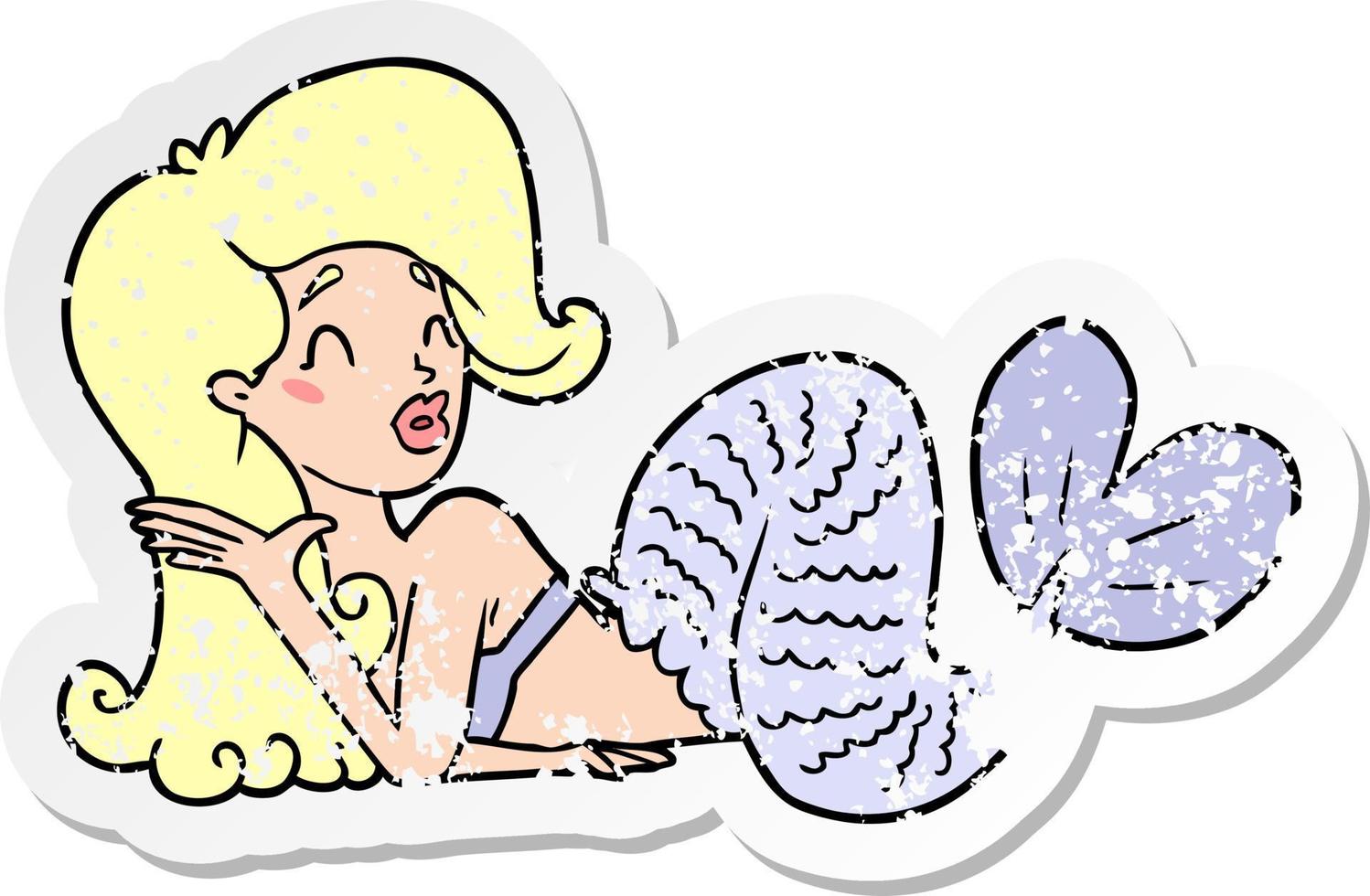 distressed sticker of a cartoon mermaid vector