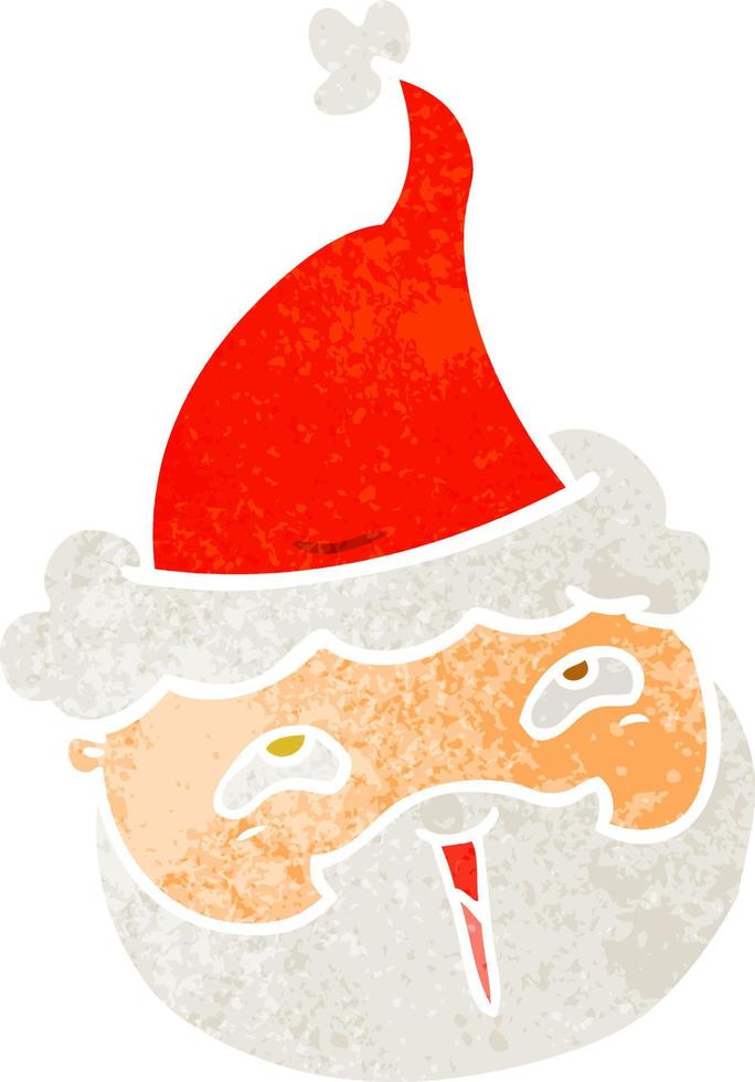 retro cartoon of a male face with beard wearing santa hat vector