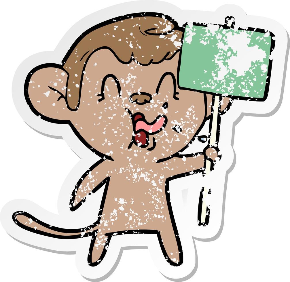distressed sticker of a crazy cartoon monkey with sign vector