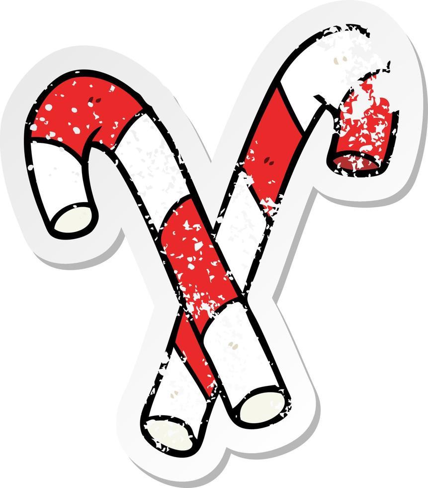 distressed sticker of a cartoon candy canes vector