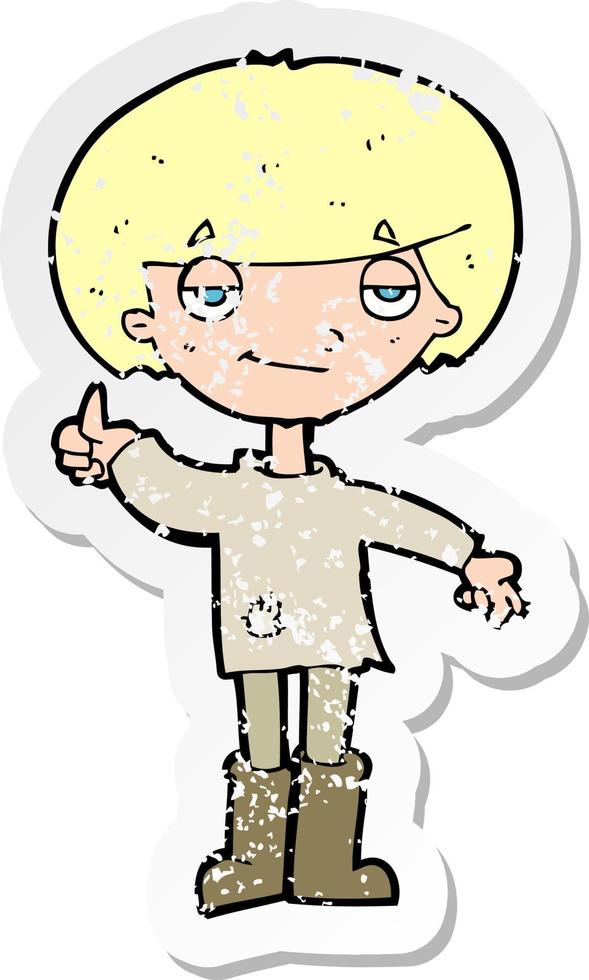 retro distressed sticker of a cartoon boy in poor clothing giving thumbs up symbol vector