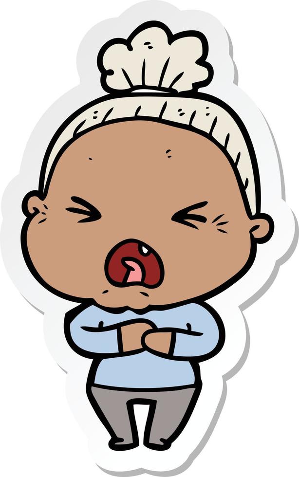 sticker of a cartoon angry old woman vector