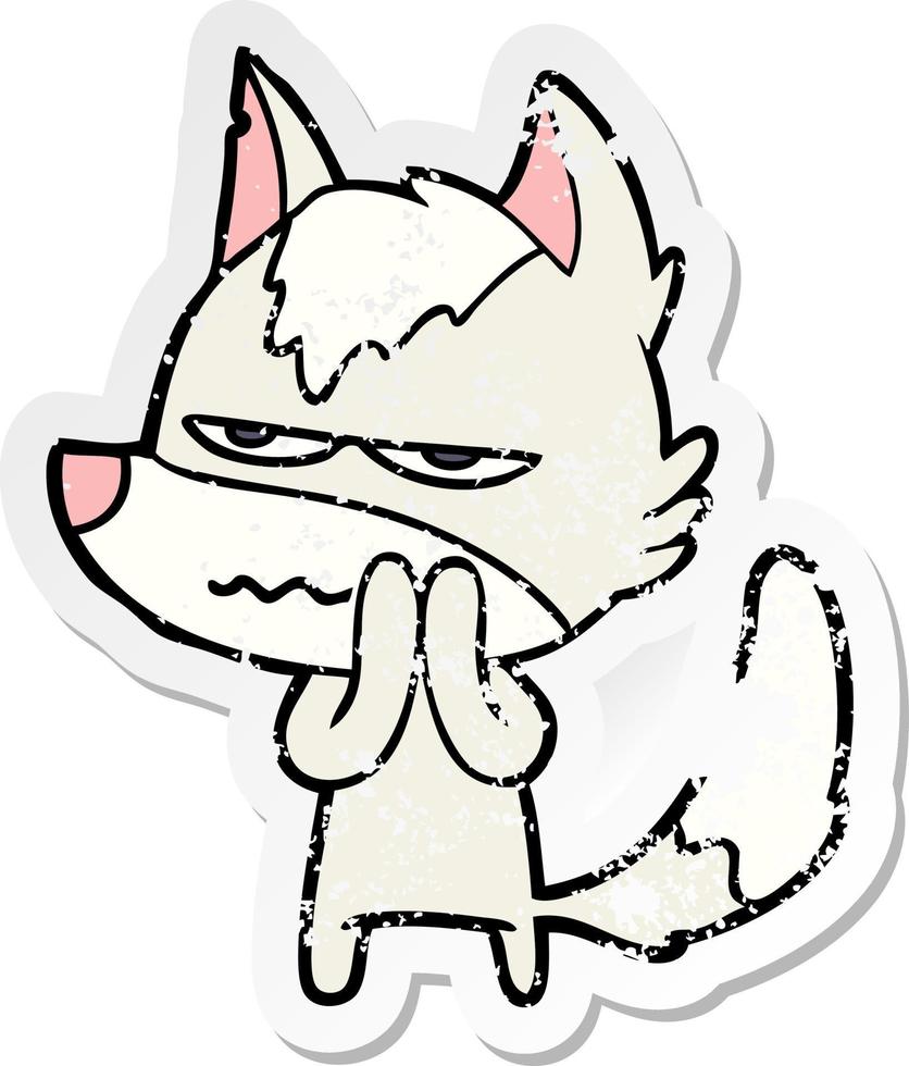 distressed sticker of a cartoon annoyed wolf vector