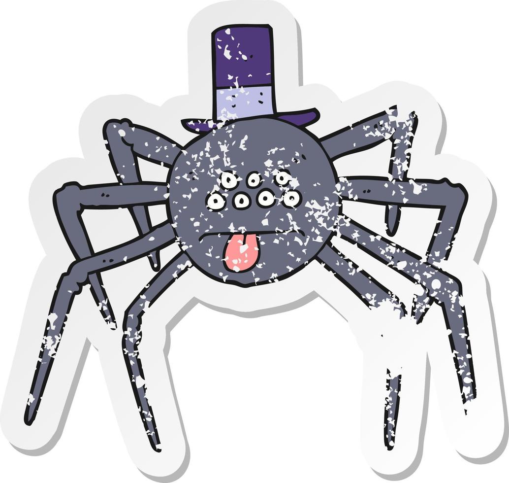 retro distressed sticker of a cartoon halloween spider in top hat vector