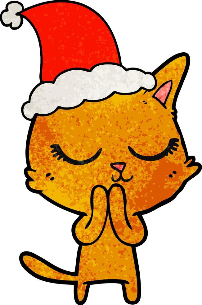 calm textured cartoon of a cat wearing santa hat vector