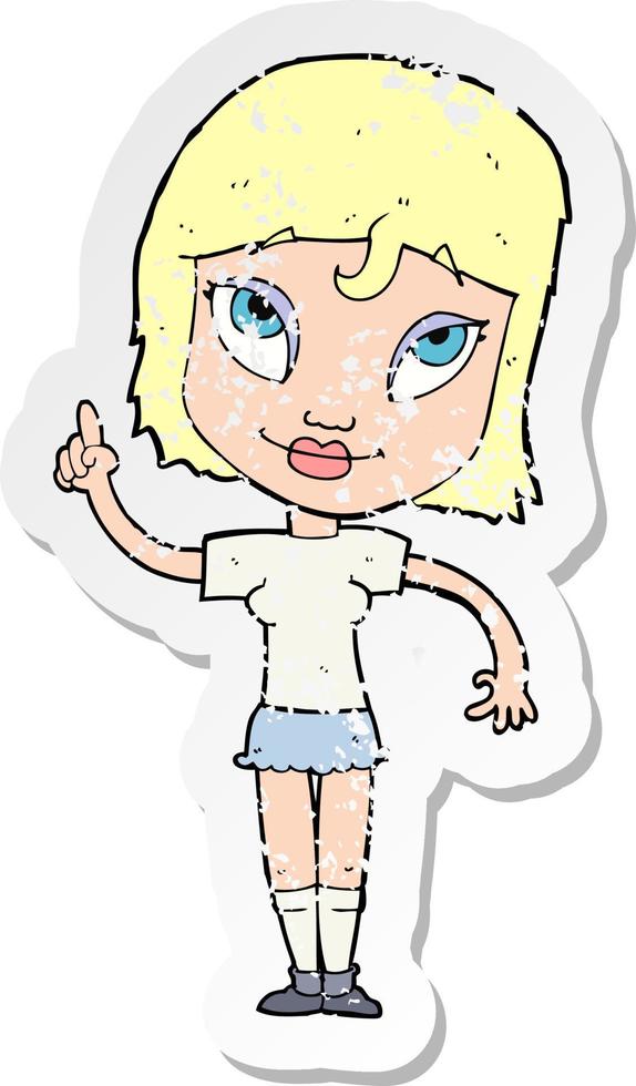 retro distressed sticker of a cartoon woman with idea vector