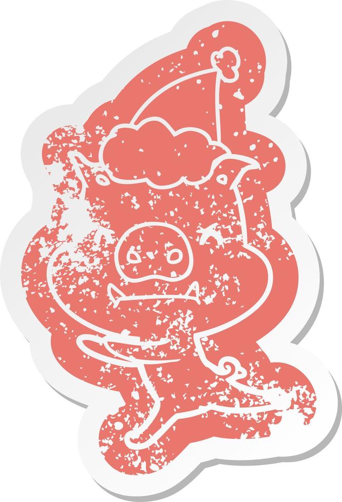 angry cartoon distressed sticker of a pig wearing santa hat vector