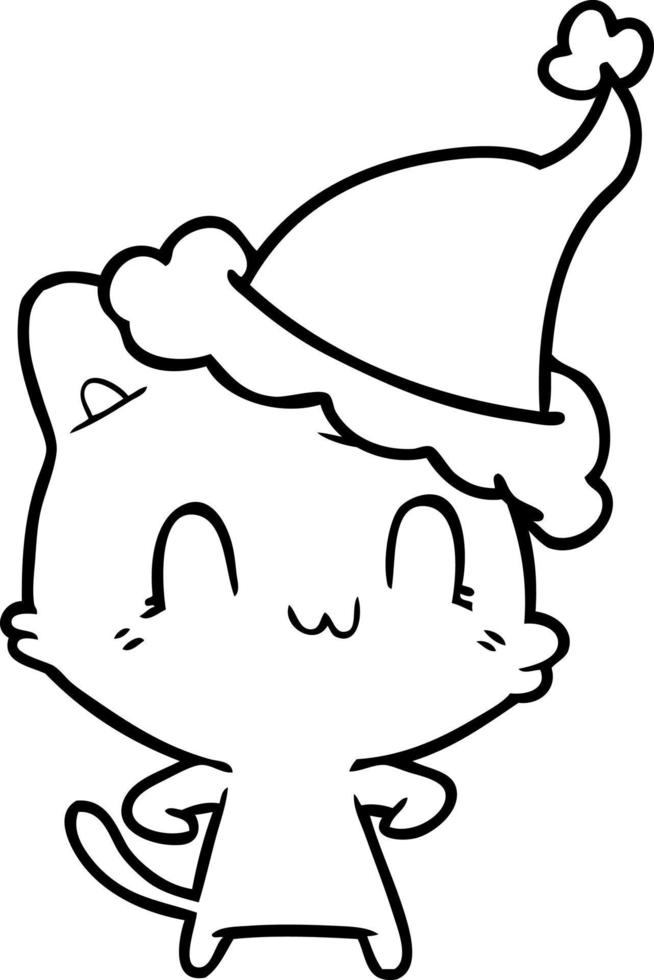 line drawing of a happy cat wearing santa hat vector