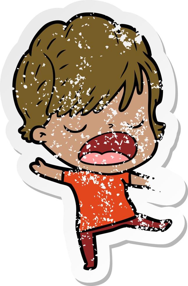 distressed sticker of a cartoon woman talking vector
