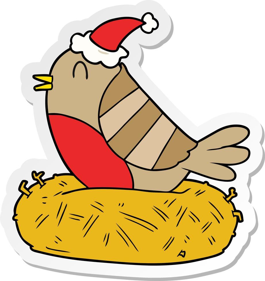 sticker cartoon of a bird sitting on nest wearing santa hat vector