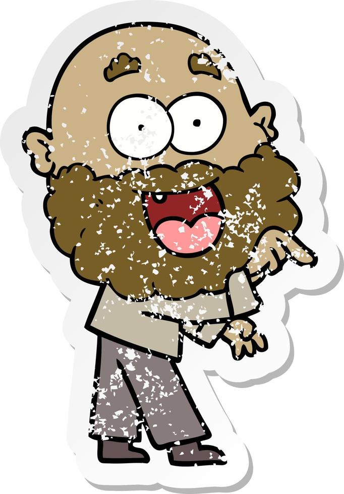 distressed sticker of a cartoon crazy happy man with beard vector