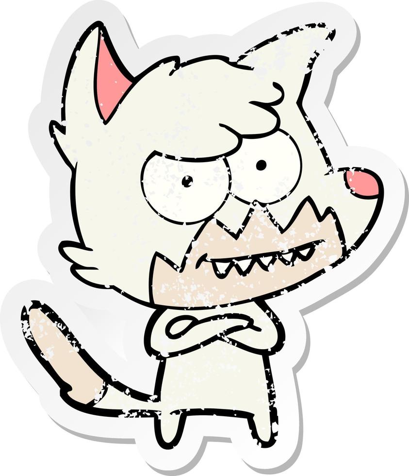 distressed sticker of a cartoon grinning fox vector