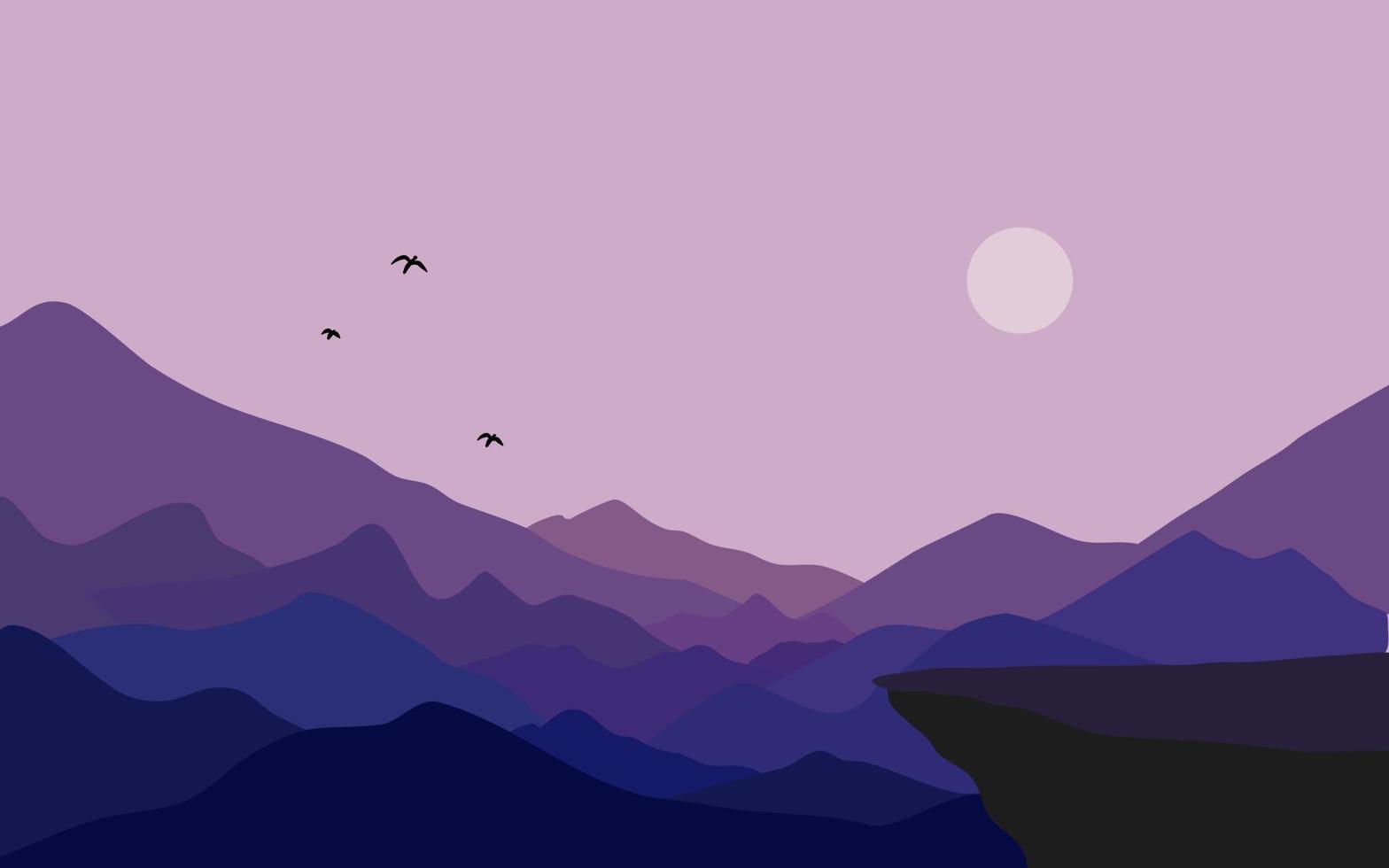 montaña con acantilado, luna y pájaro en el fondo del paisaje nocturno vector