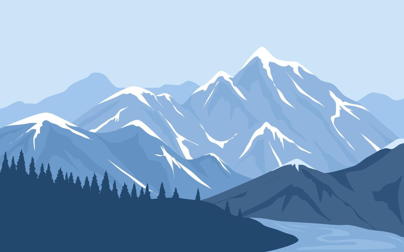 cordillera con bosque de pinos y río vector