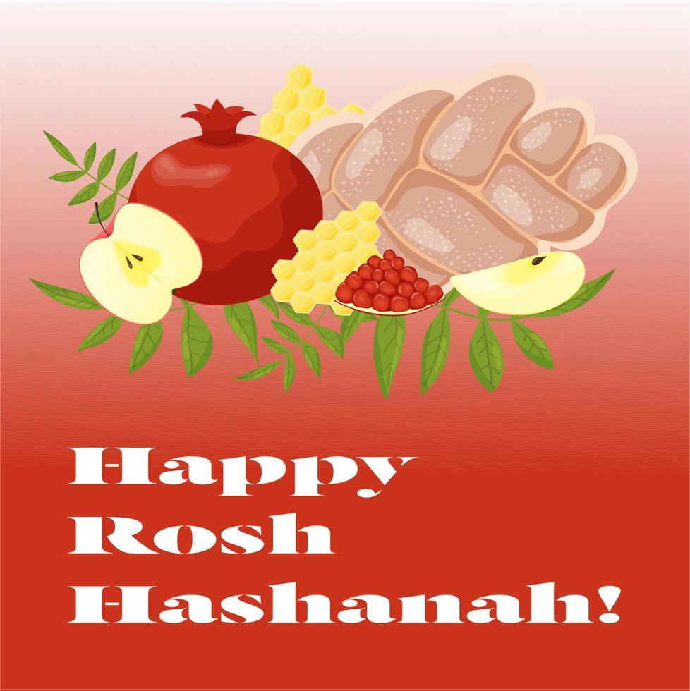 feliz rosh hashaná. una postal con fruta sobre un fondo rojo. vector