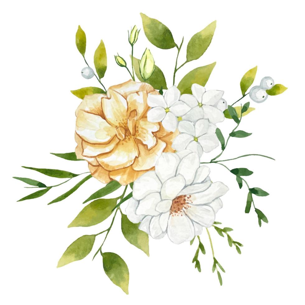 Composition of beige and white flowers with green leaves vector