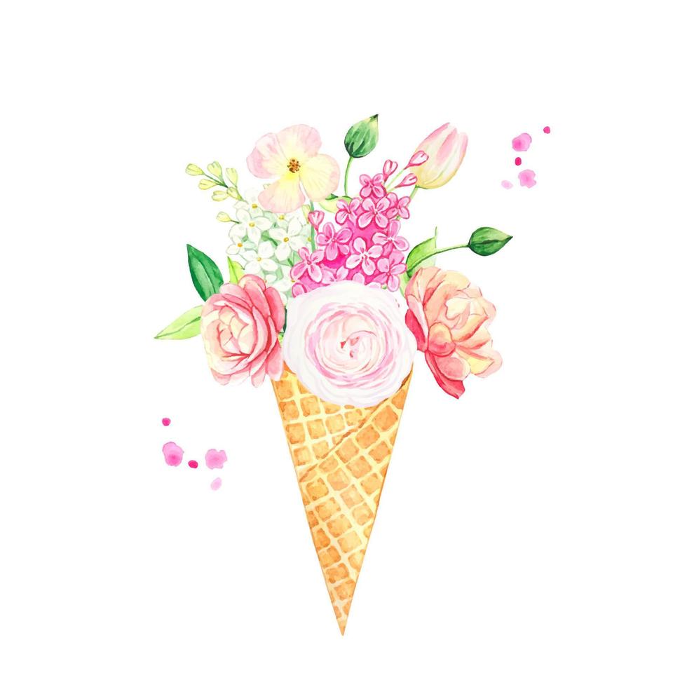 Bouquet of summer flowers in a waffle cup , watercolor vector