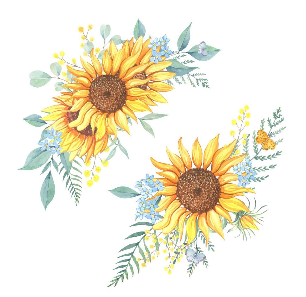 Bouquets of sunflowers and wild flowers. watercolor composition vector