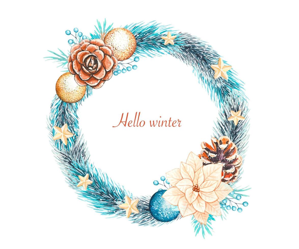 Watercolor Christmas wreath with fir branches,poinsettia, tree toys . Isolated vector
