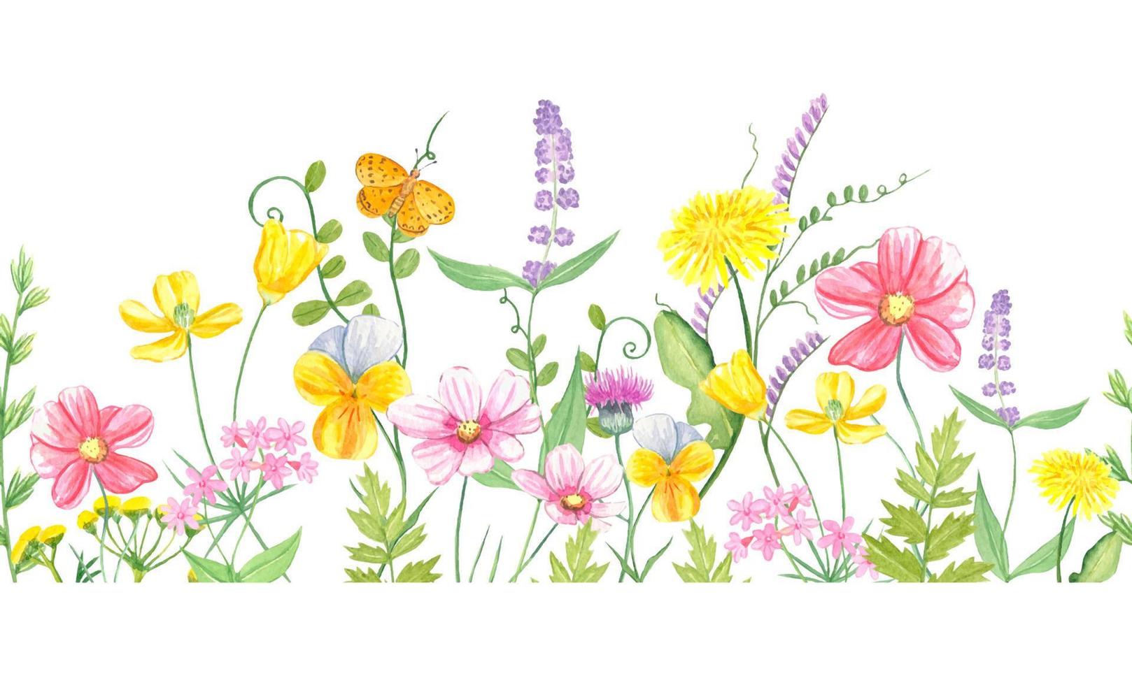 Watercolor floral seamless border with colorful wildflowers, leaves. vector