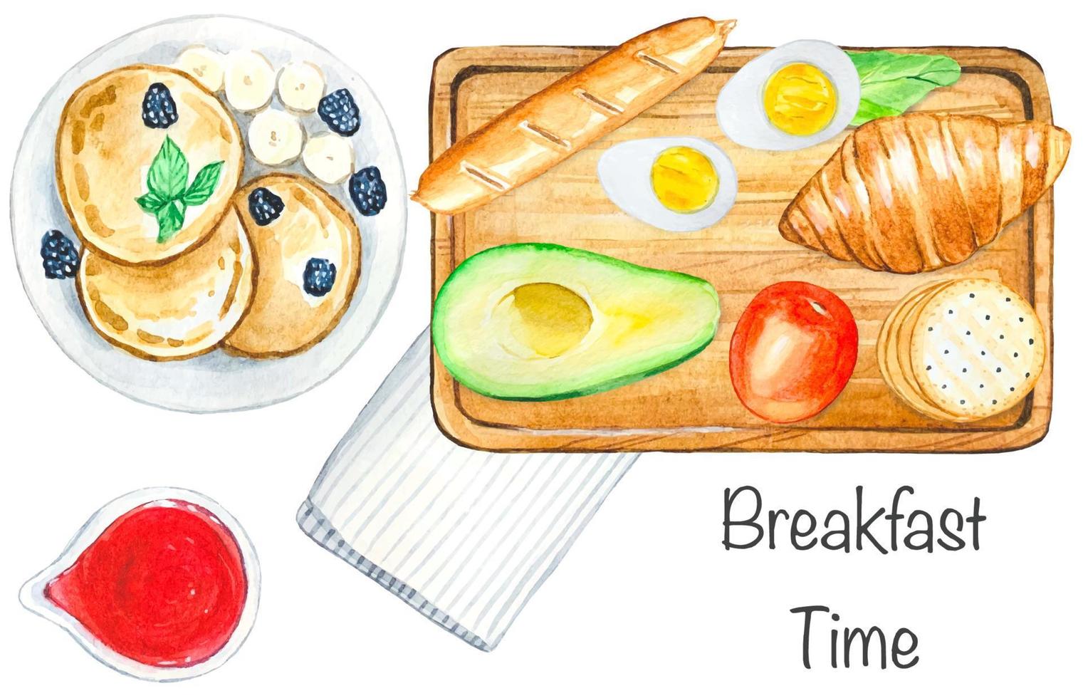 Healthy breakfast, pancakes , avocado , croissant, tomato, eggs , cookies . Watercolor vector