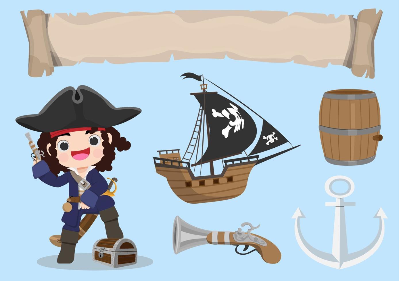 conjunto de objetos de juego vectorial de dibujos animados piratas. colección de elementos de aventura marina vector