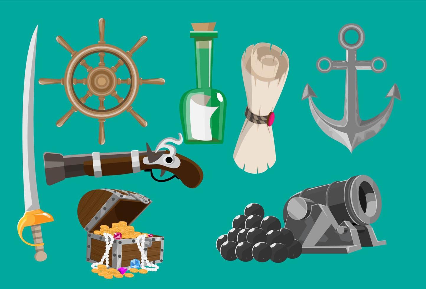 Pirate cartoon vector game weapon object set. Sea adventure element collection