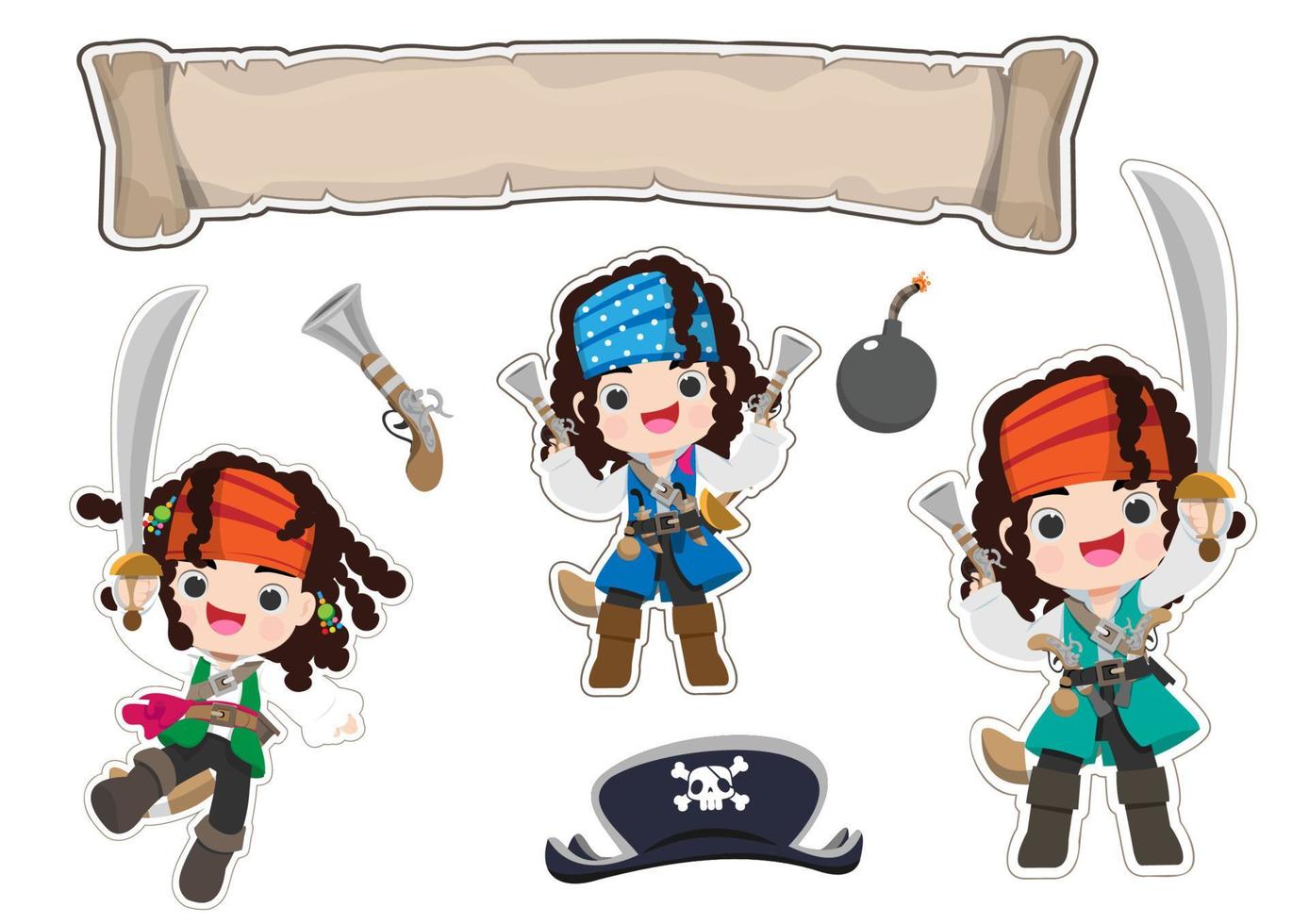 Pirate cartoon vector game object set. Sea adventure element collection