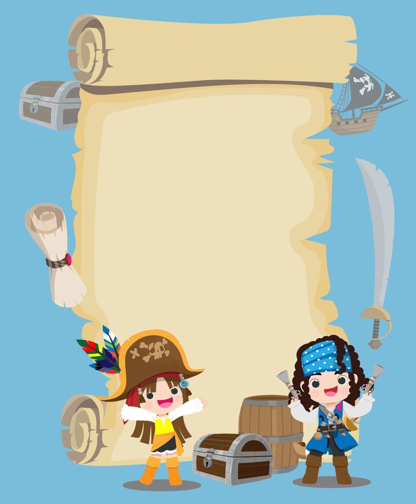 personaje de dibujos animados pirata con mapa de desplazamiento del tesoro y espacio de copia vector