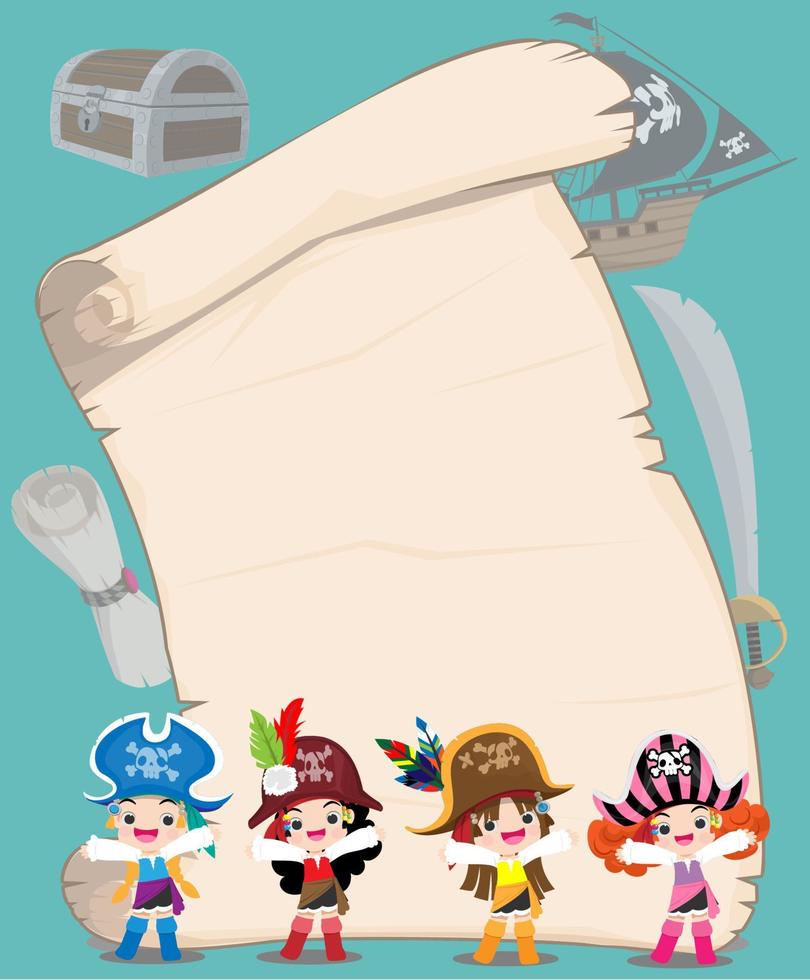 Pirate cartoon character with treasure scroll map and copy space vector