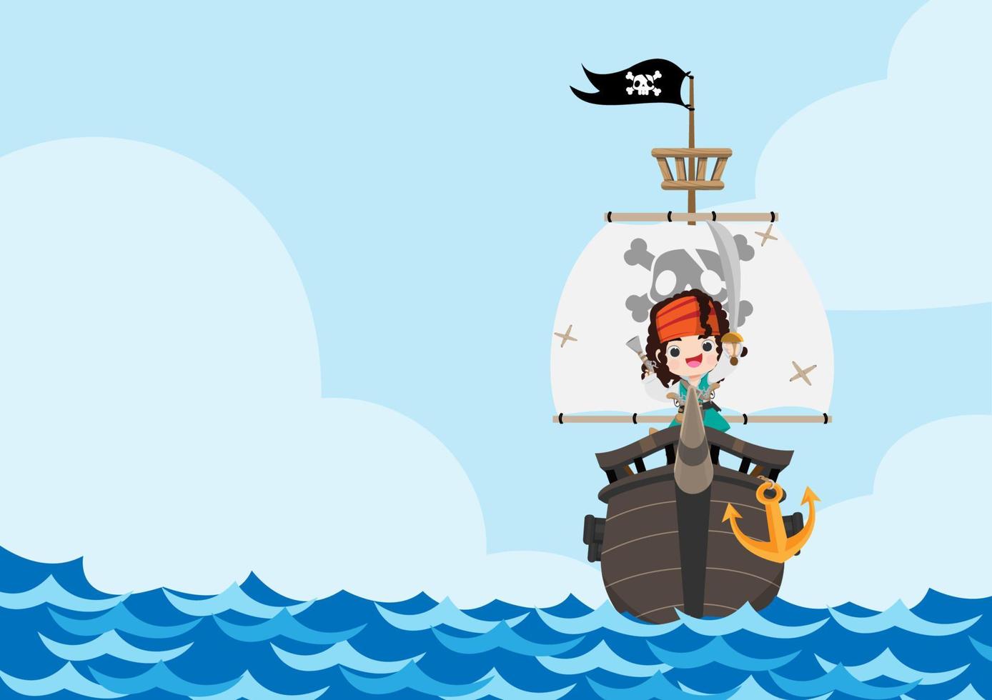 The pirate character wearing hat and standing in ship on the sea. vector