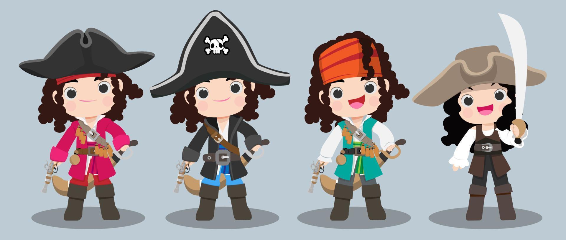 Cute pirate character wearing hat and standing with weapon. Marine travel and adventure design vector